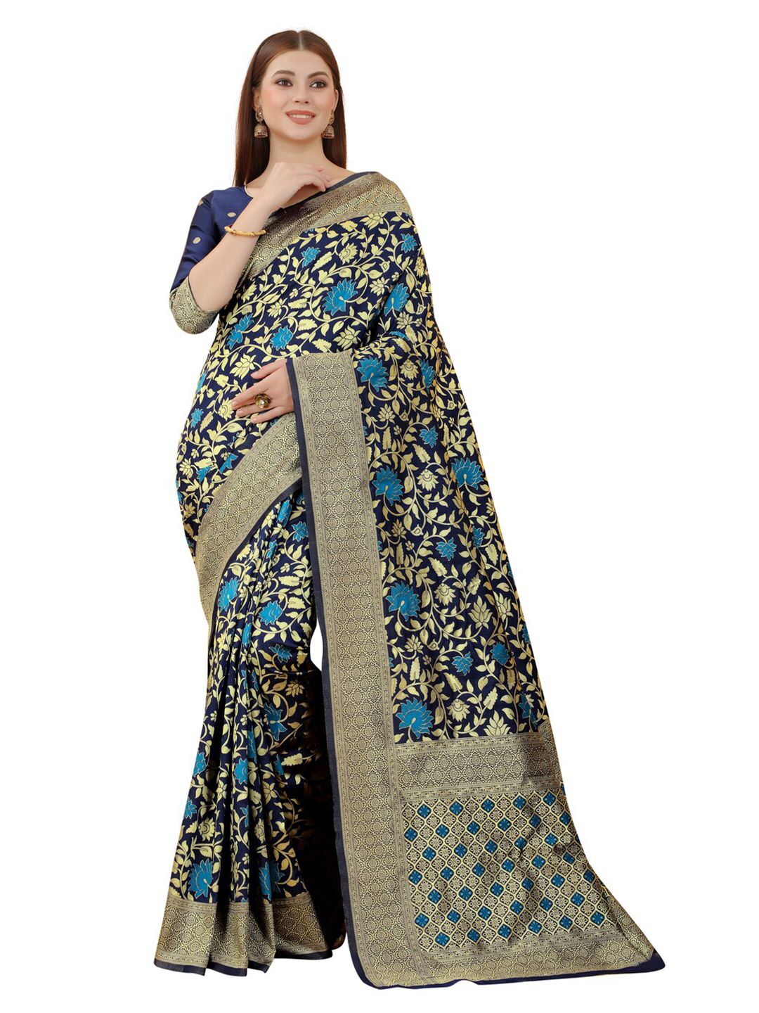 MOKSHA DESIGNS Navy Blue & Gold-Toned Woven Design Zari Pure Silk Paithani Saree Price in India