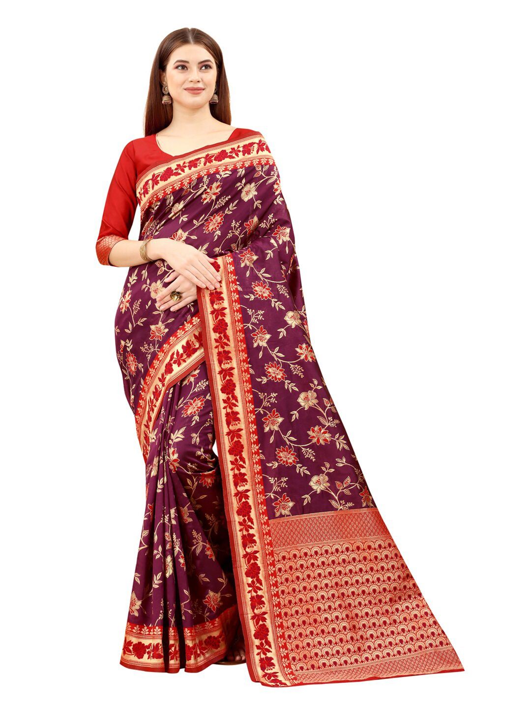 MOKSHA DESIGNS Burgundy & Red Woven Design Zari Pure Silk Paithani Saree Price in India