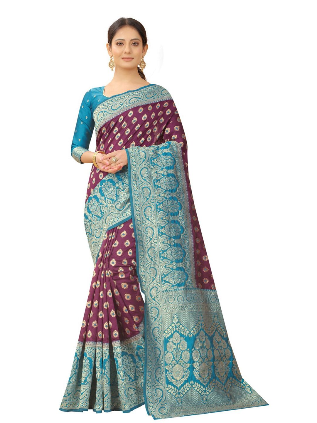 MOKSHA DESIGNS Burgundy & Blue Woven Design Zari Pure Silk Paithani Saree Price in India