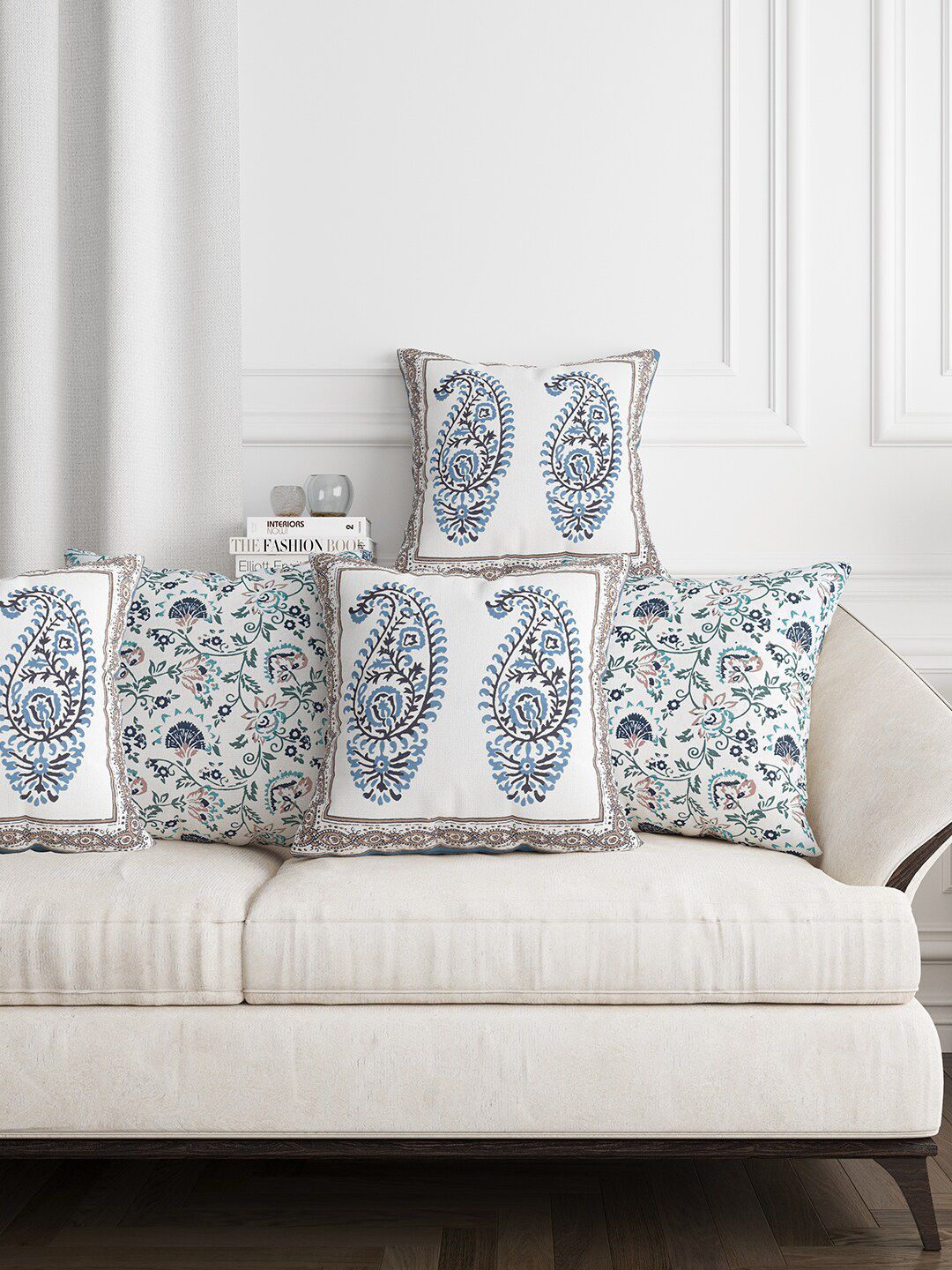 BLOCKS OF INDIA Grey & White Set of 5 Ethnic Motifs Square Cushion Covers Price in India