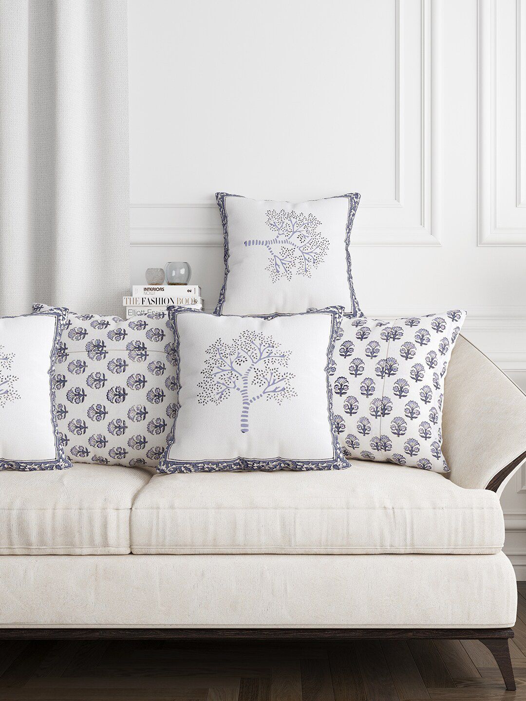 BLOCKS OF INDIA Grey & White Set of 5 Floral Square Cushion Covers Price in India