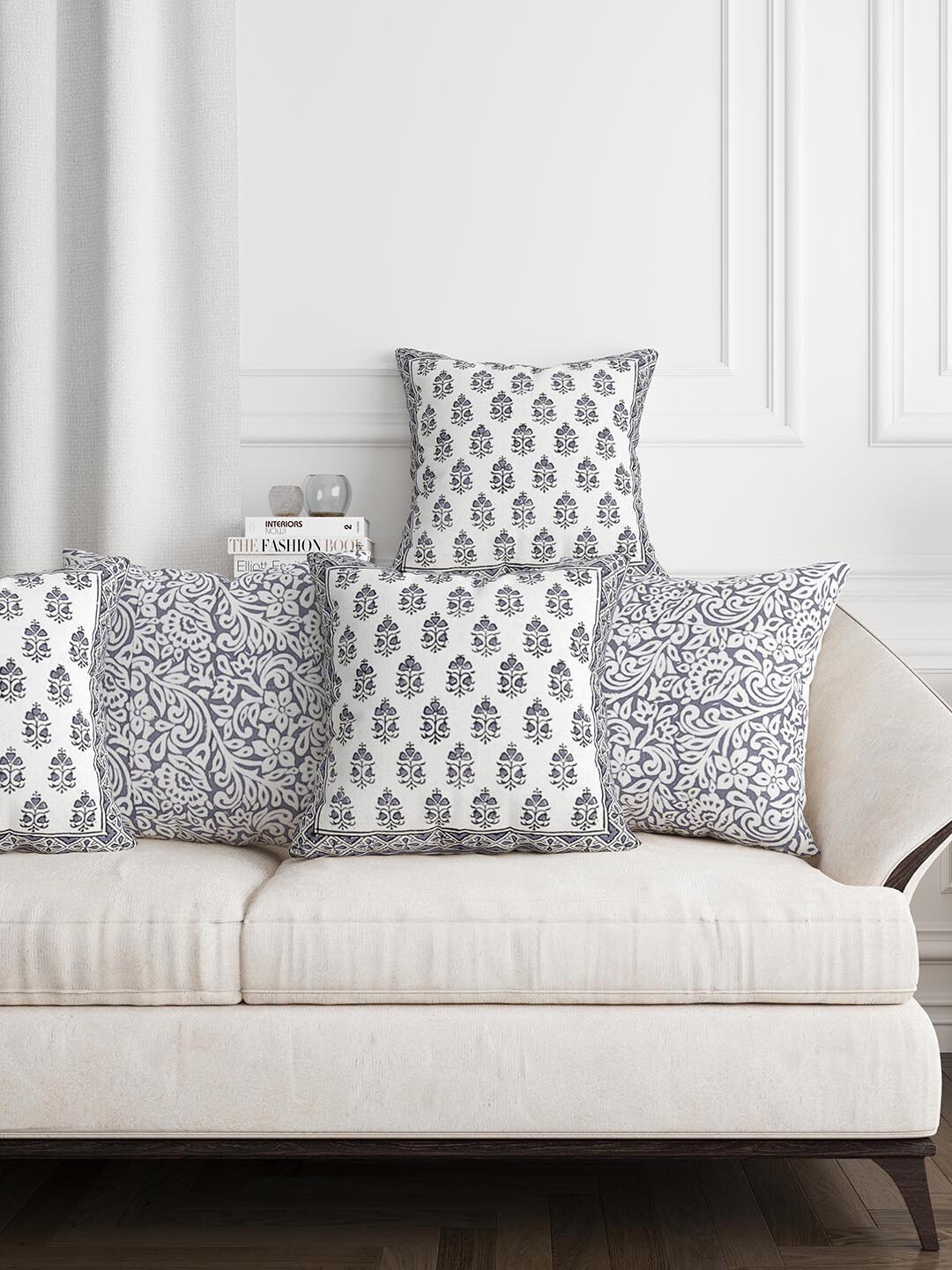 BLOCKS OF INDIA Grey & White Pack of 5 Ethnic Motifs Square Cushion Covers Price in India