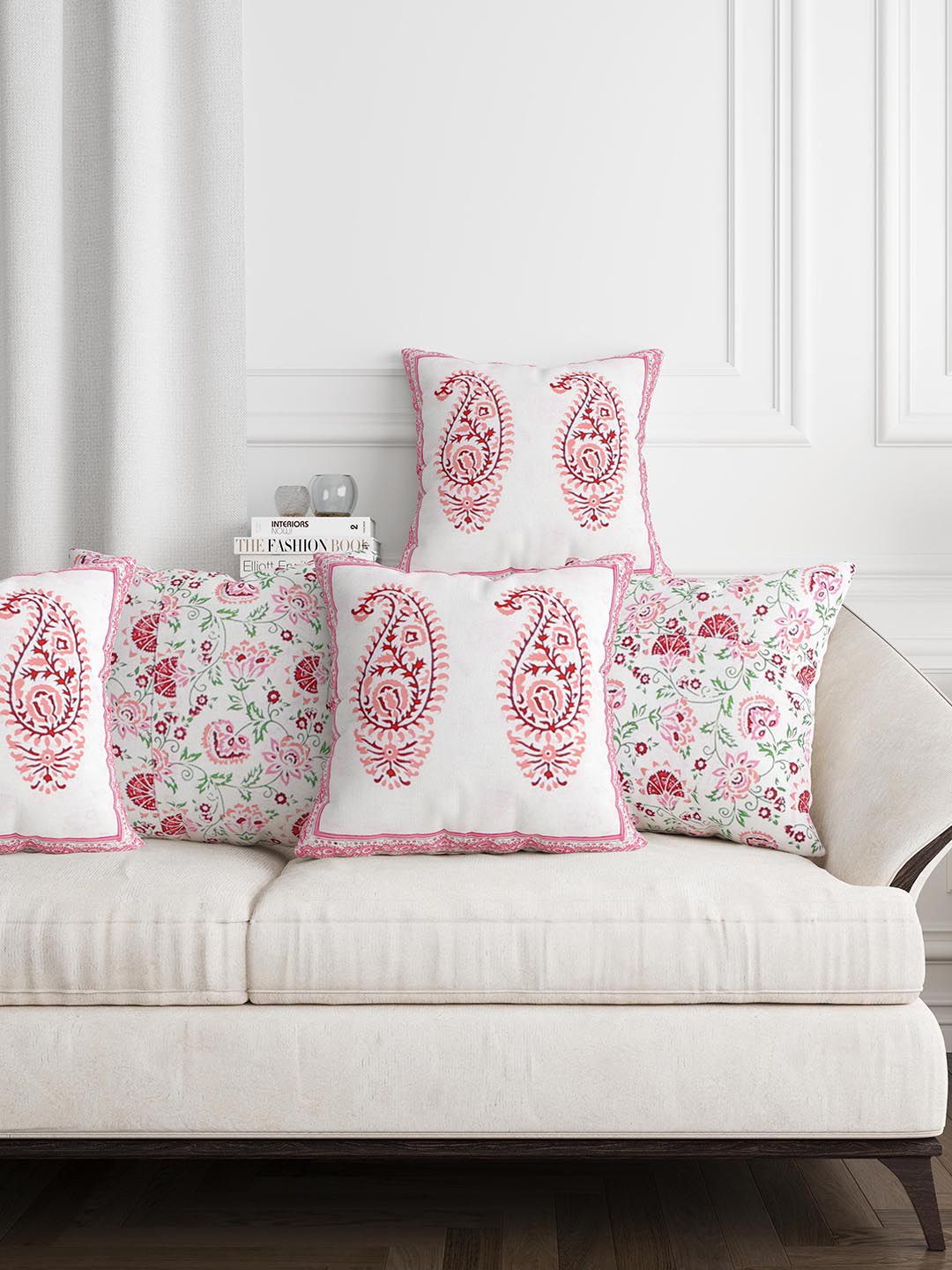 BLOCKS OF INDIA Pink & White Pack of 5 Ethnic Motifs Square Cushion Covers Price in India