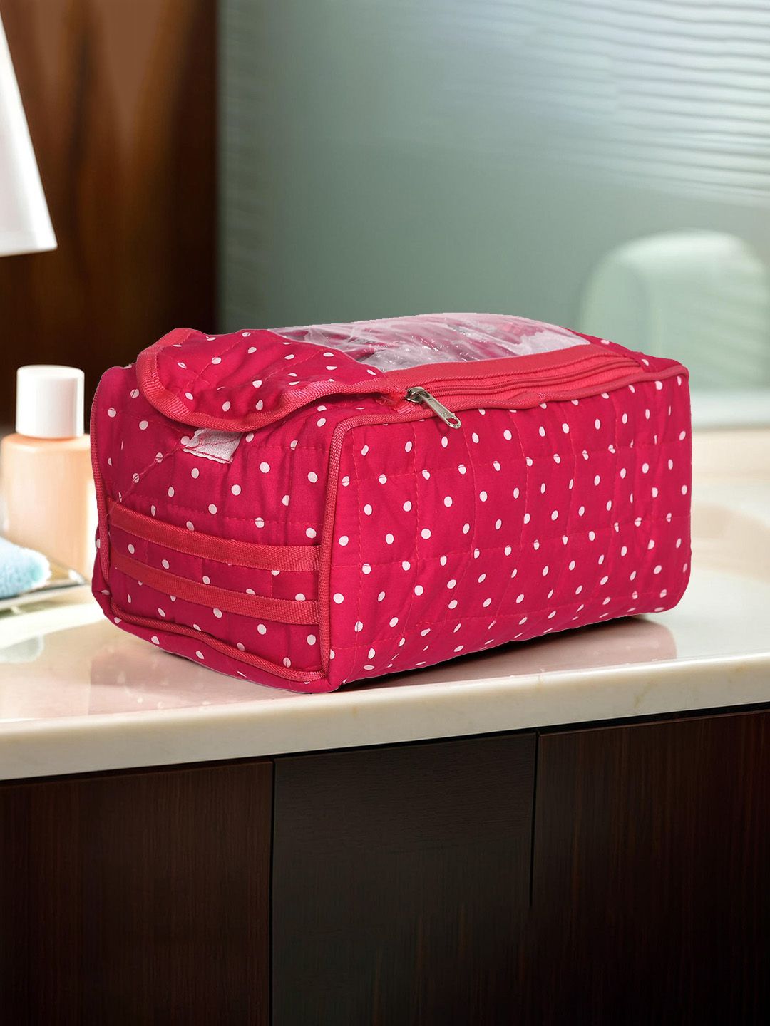 Kuber Industries Pink & White Polka Printed Cotton Jewelry Organiser