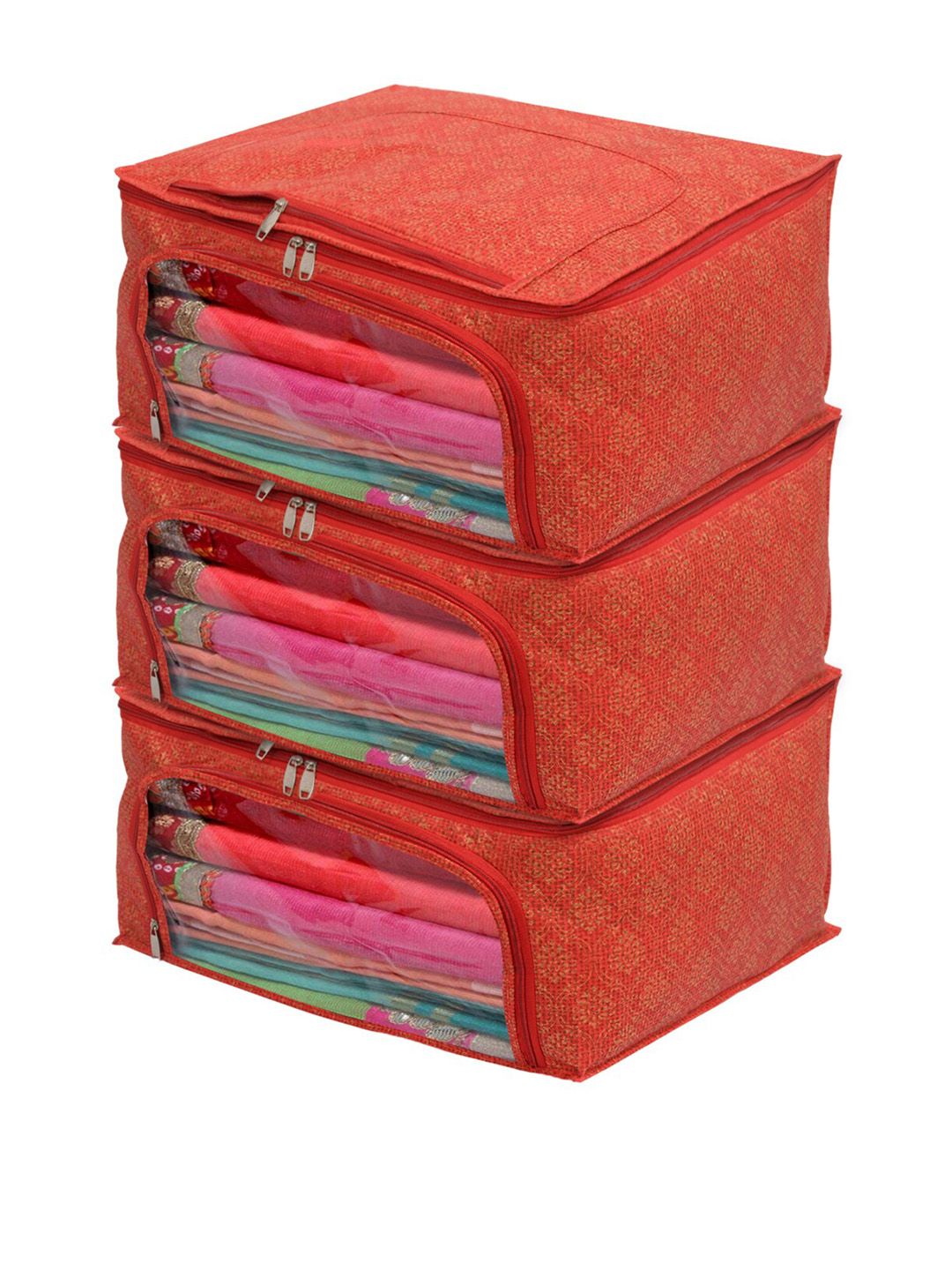 Kuber Industries Set Of 3 Red Printed Saree Organiser Price in India