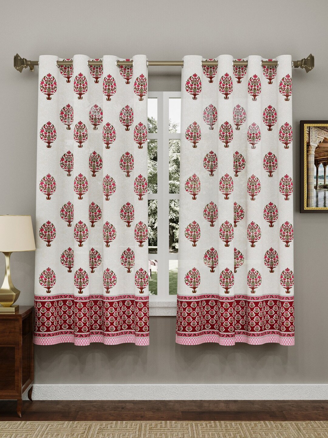 BLOCKS OF INDIA Pack Of 2 Off White & Red Ethnic Motifs Window Curtain Price in India