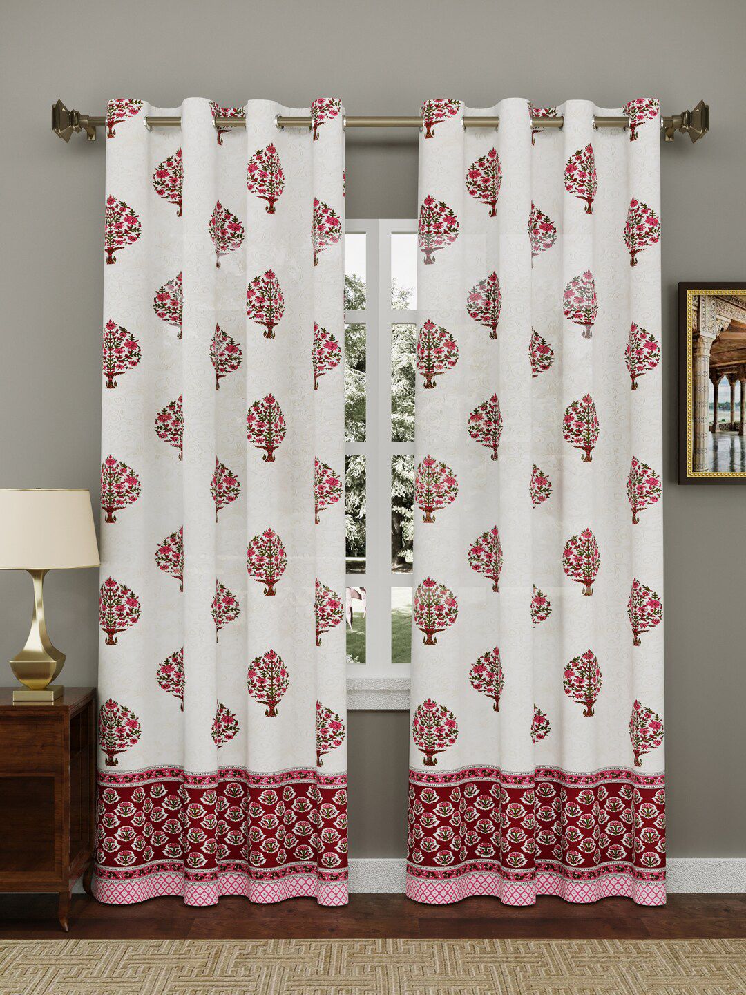 BLOCKS OF INDIA Red & White Set of 2 Floral Door Curtain Price in India