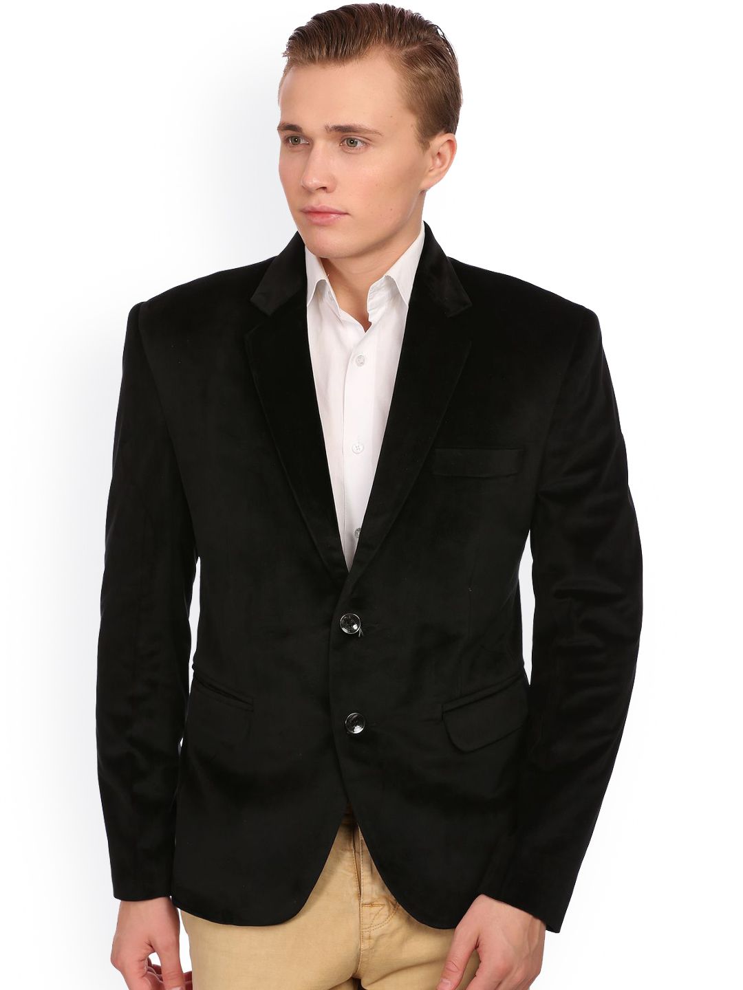 Wintage Men Black Single-Breasted Velvet Tailored Fit Party Blazer