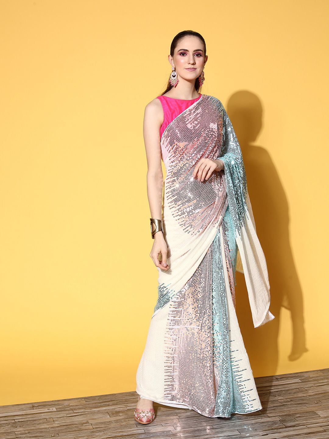 Chhabra 555 Off White & Blue Embellished Sequinned Saree Price in India