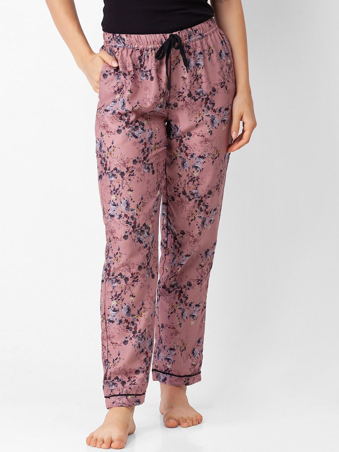 FasionRack Women Pink & Grey Printed Cotton Lounge Pants Price in India