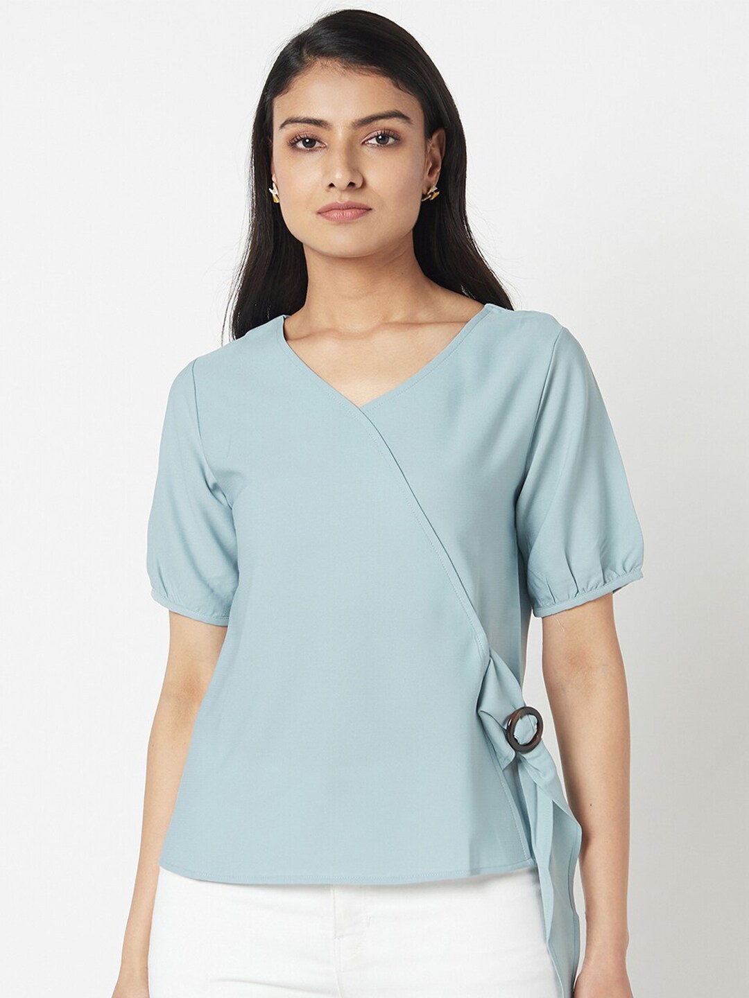Miss Grace Women Blue Solid Wrap Top Price in India