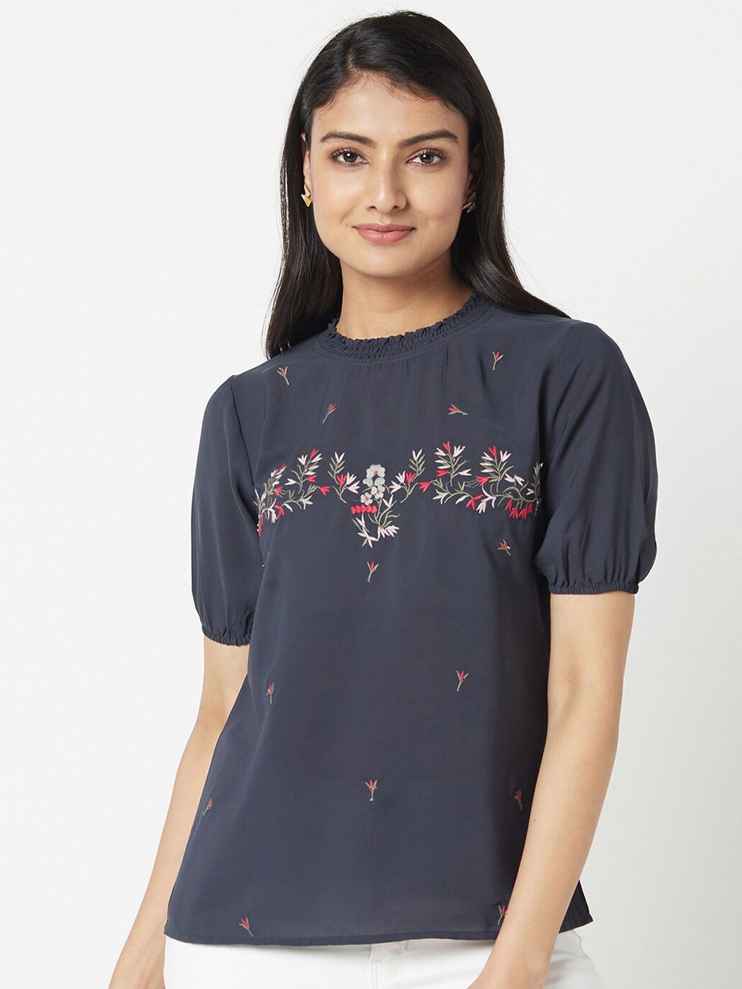 Miss Grace Navy Blue Floral Embroidered Top Price in India