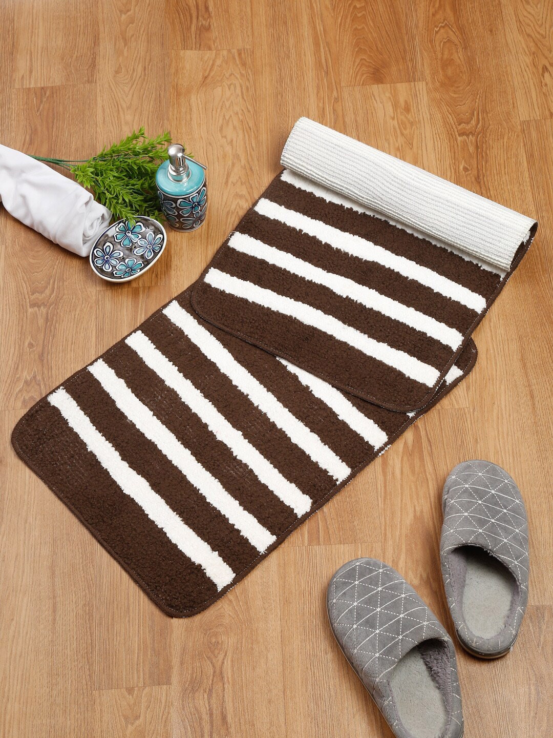 SOKNACK Set Of 2 Coffee Brown & White Striped Doormats Price in India
