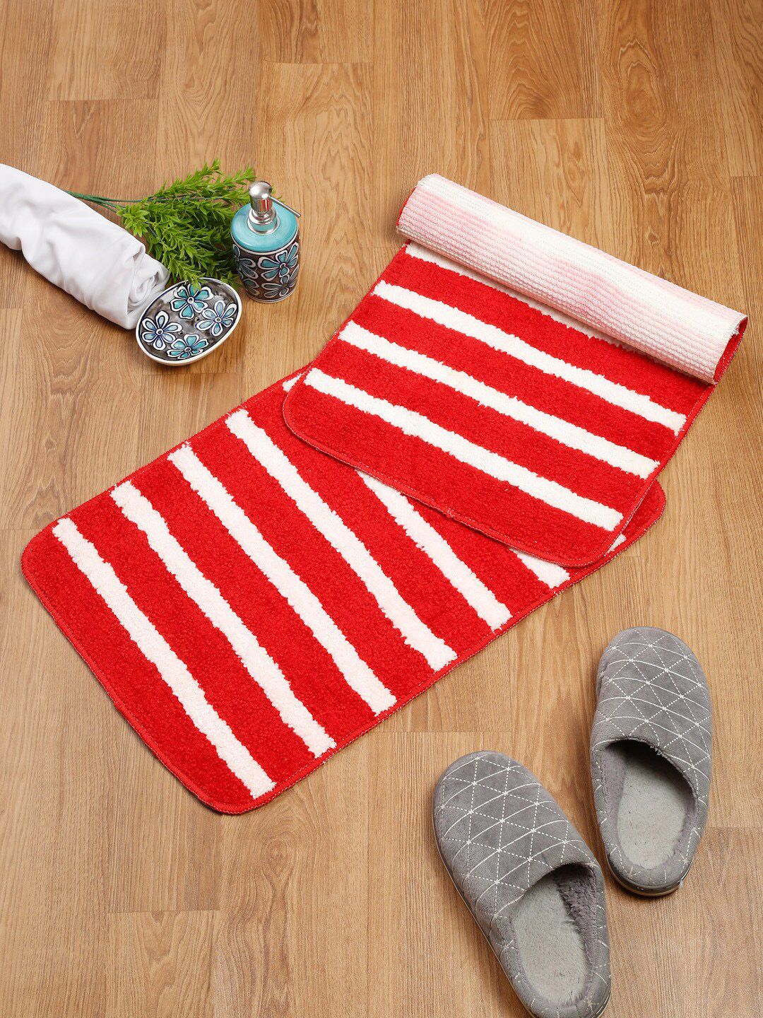 SOKNACK Set of 2 Red Striped Anti-skid Doormats Price in India