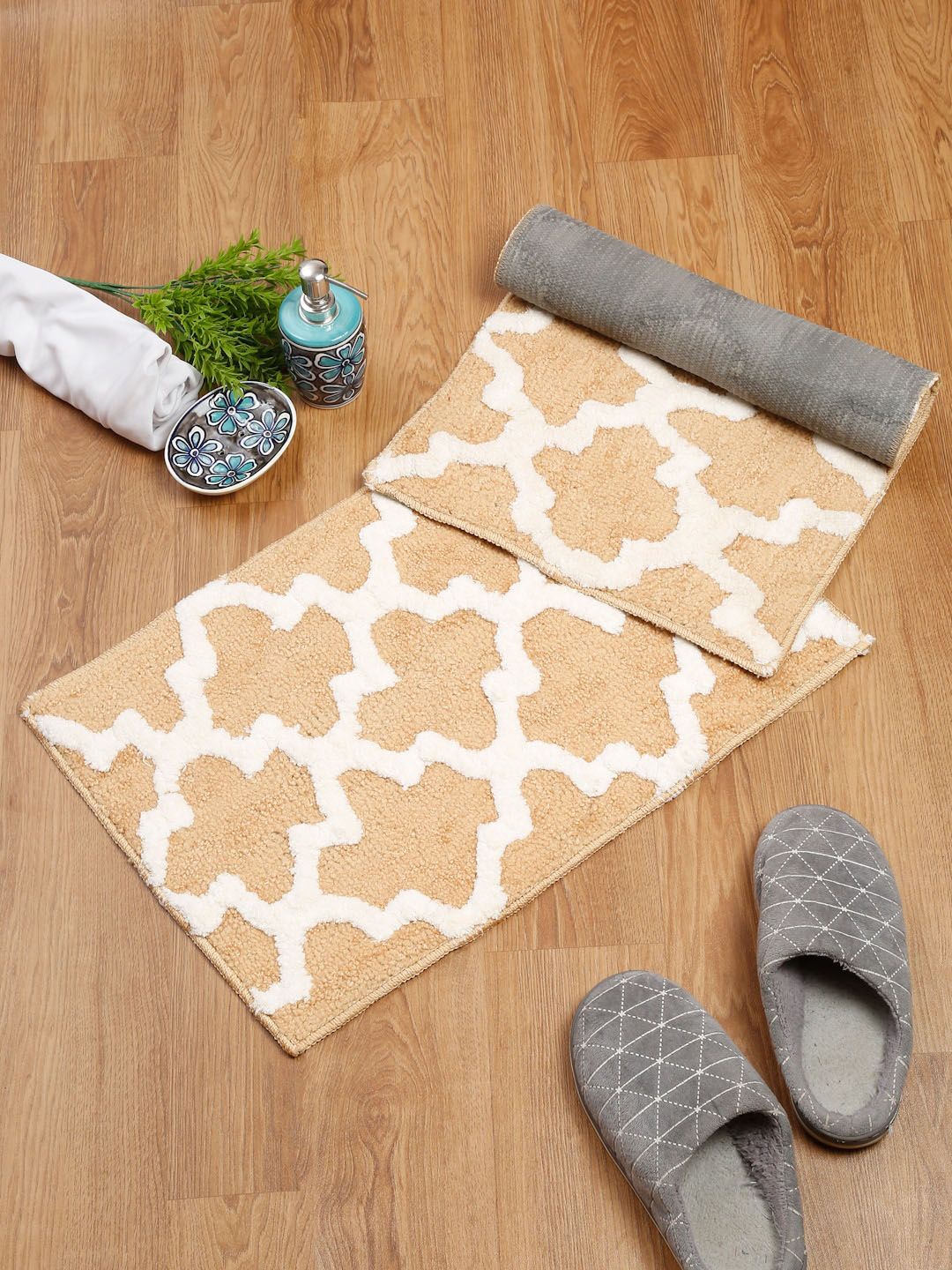 SOKNACK Set Of 2 Camel- Brown Patterned Anti-Skid Doormats Price in India