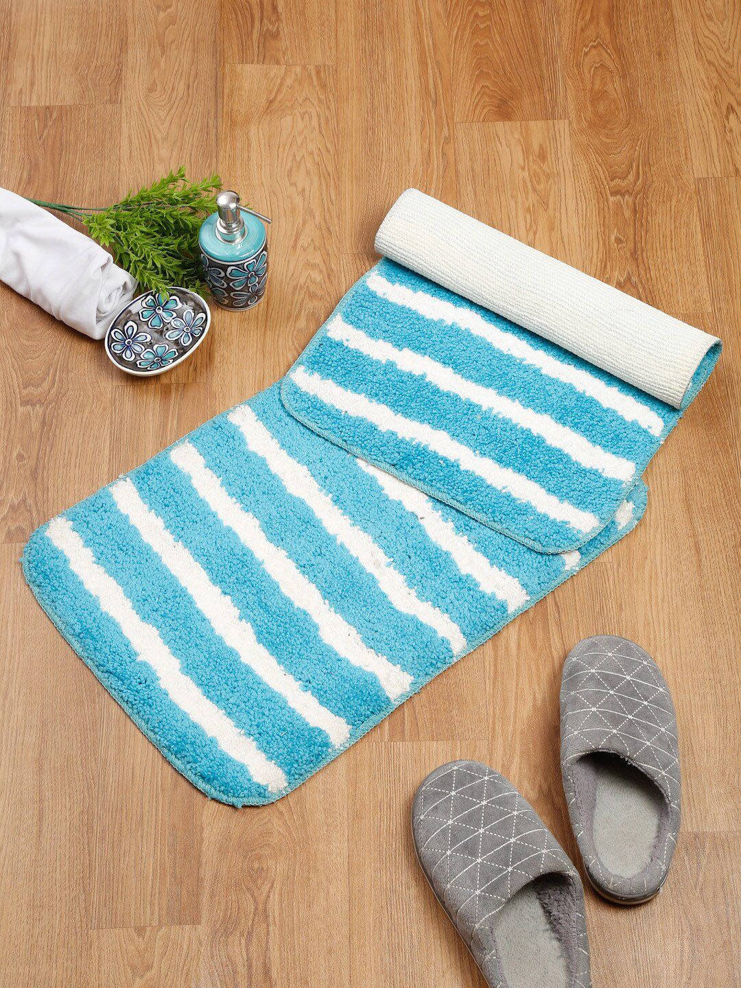 SOKNACK Pack of 2 Turquoise Blue & White Striped Anti Skid Doormats Price in India