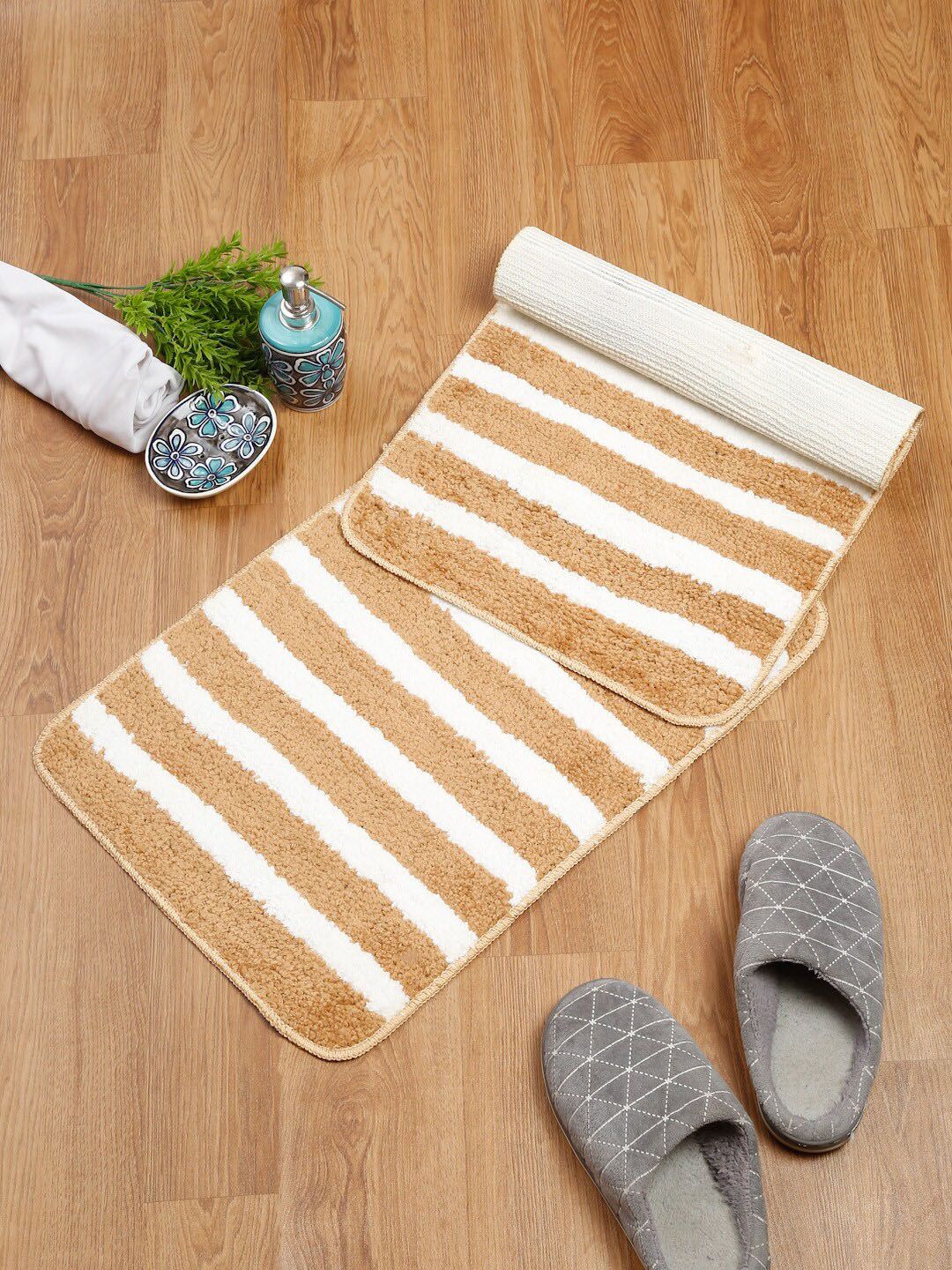 SOKNACK Set Of 2 Camel Brown & White Striped Pattern Anti-Skid Doormats Price in India