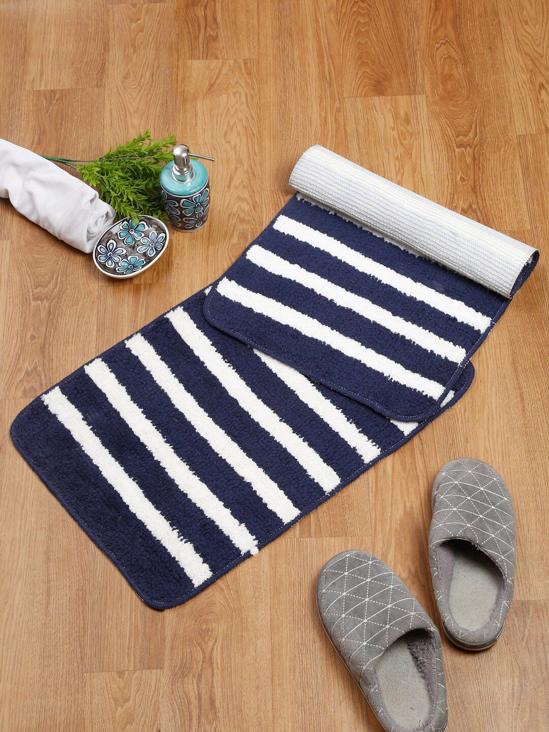 SOKNACK Set Of 2 Navy Blue & White Striped Anti-Skid Doormats Price in India