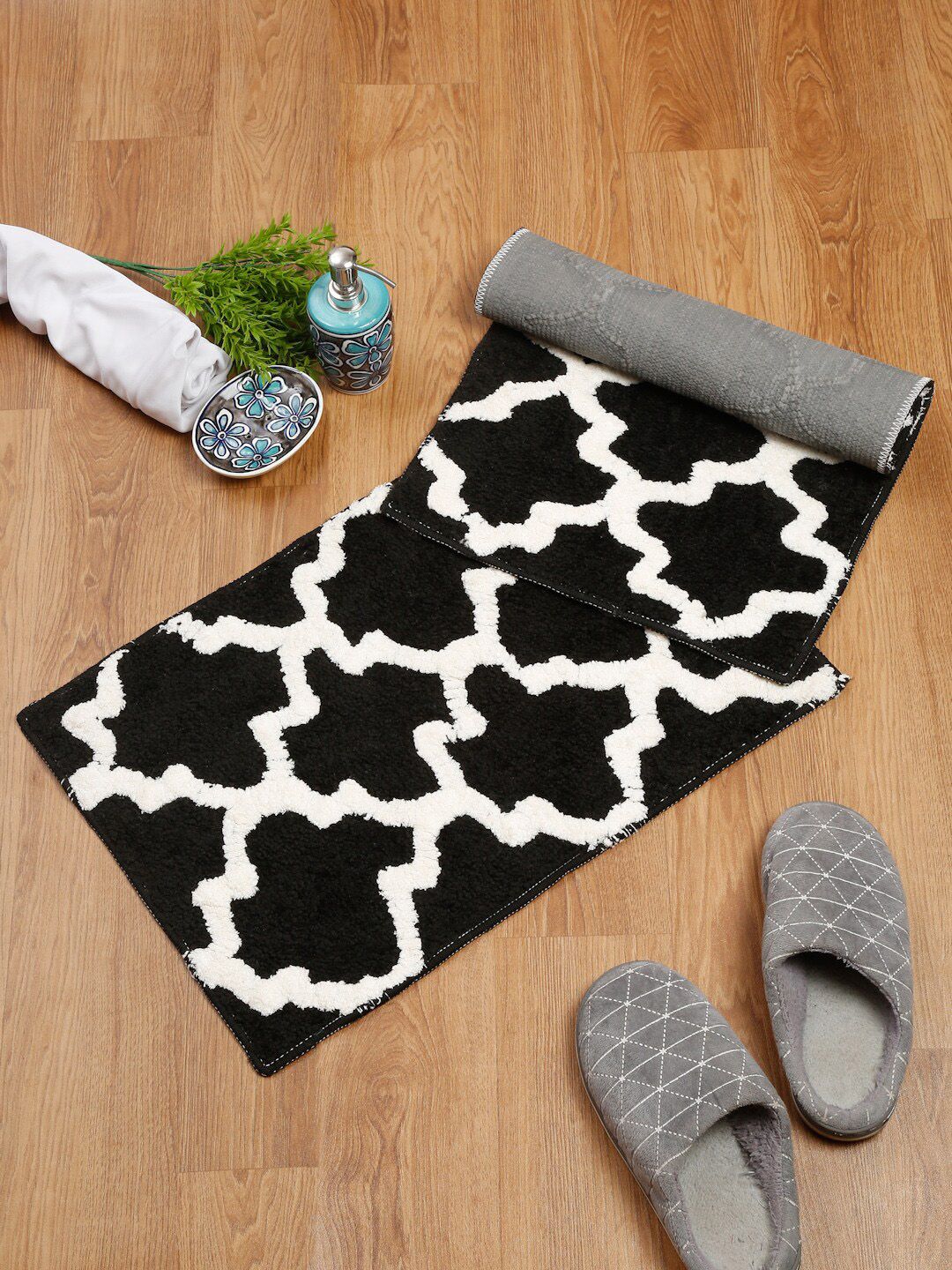 HOSTA HOMES Set Of 2 Black & White Patterned Anti-Skid Doormats Price in India