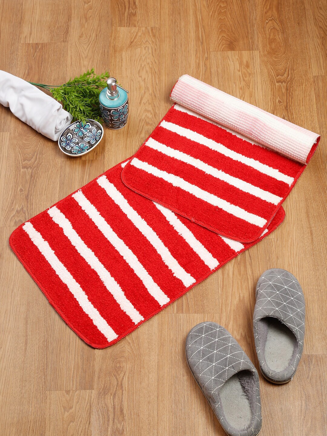 HOSTA HOMES Set Of 2 Red & White Striped Doormats Price in India