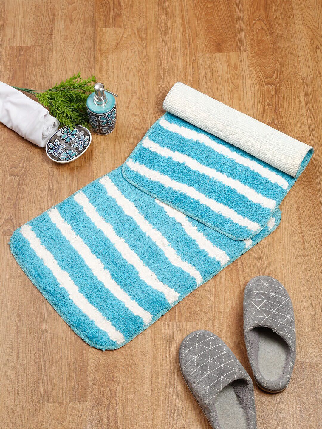 HOSTA HOMES Pack of 2 Turquoise Blue & White Striped Anti-Skid Doormats Price in India