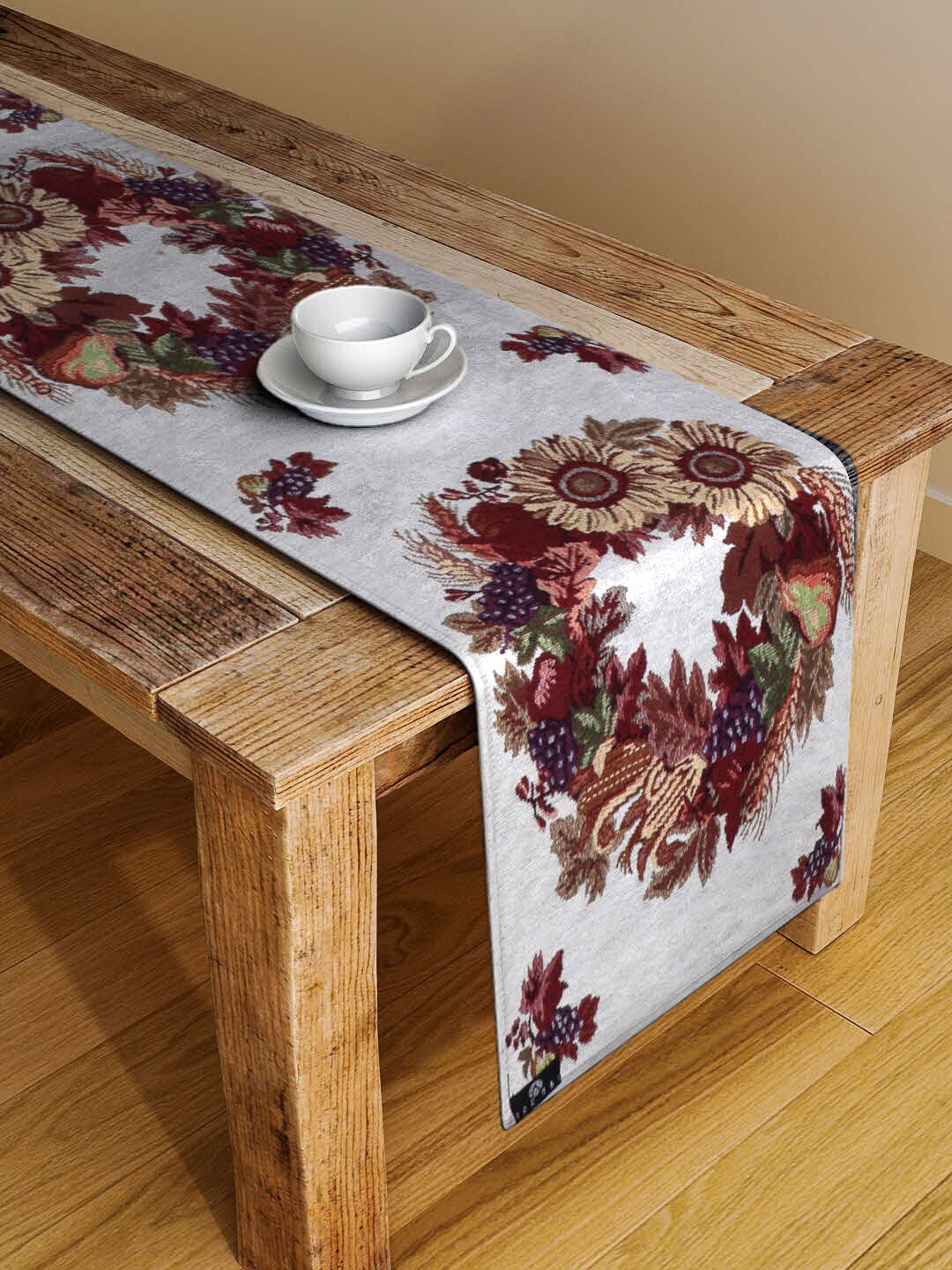 Arrabi White & Brown Floral Printed 6 Seater Table Runner Price in India