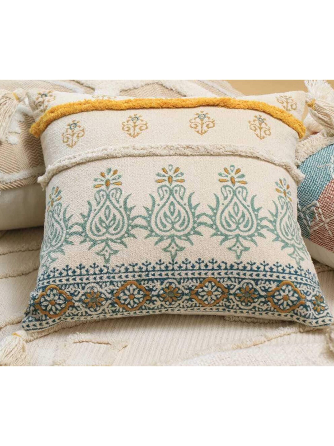 HERE&NOW Beige & Blue Ethnic Motifs Square Cushion Covers Price in India