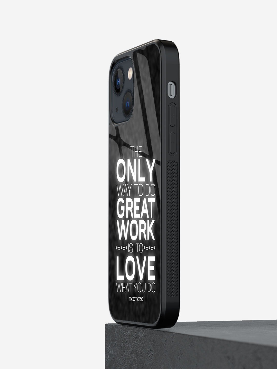 macmerise Black Printed Love What You Do Glass iPhone 13 Back Case Price in India