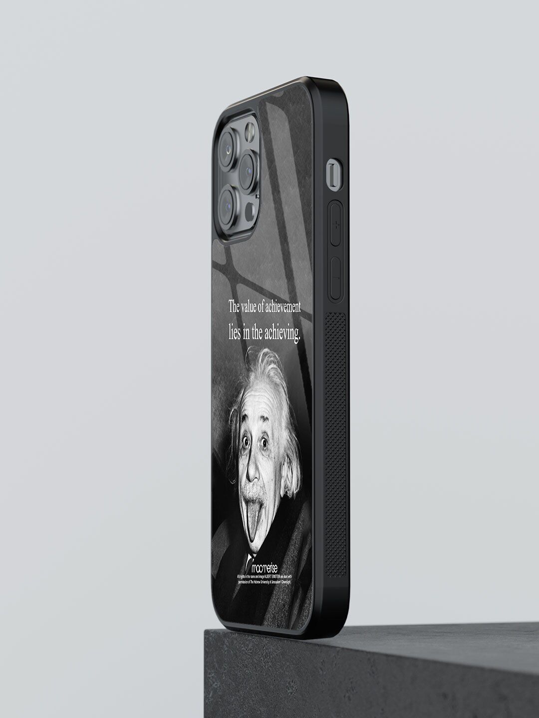 macmerise Black Printed Achieving Albert Einstein  Glass iPhone 13 Pro Back Case Price in India