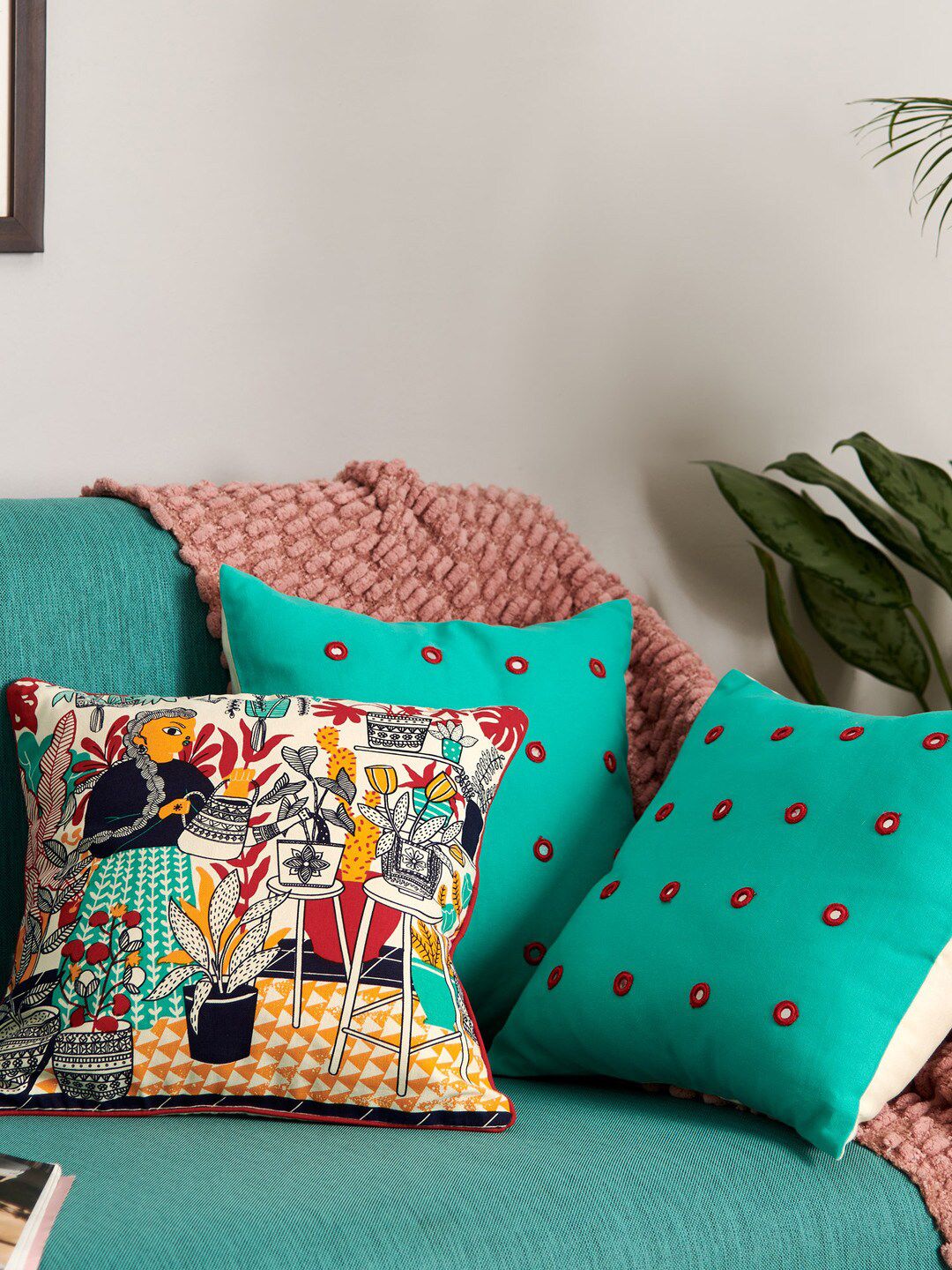 Chumbak Pack of 3 Teal & Blue Quirky Square Cushion Covers Price in India