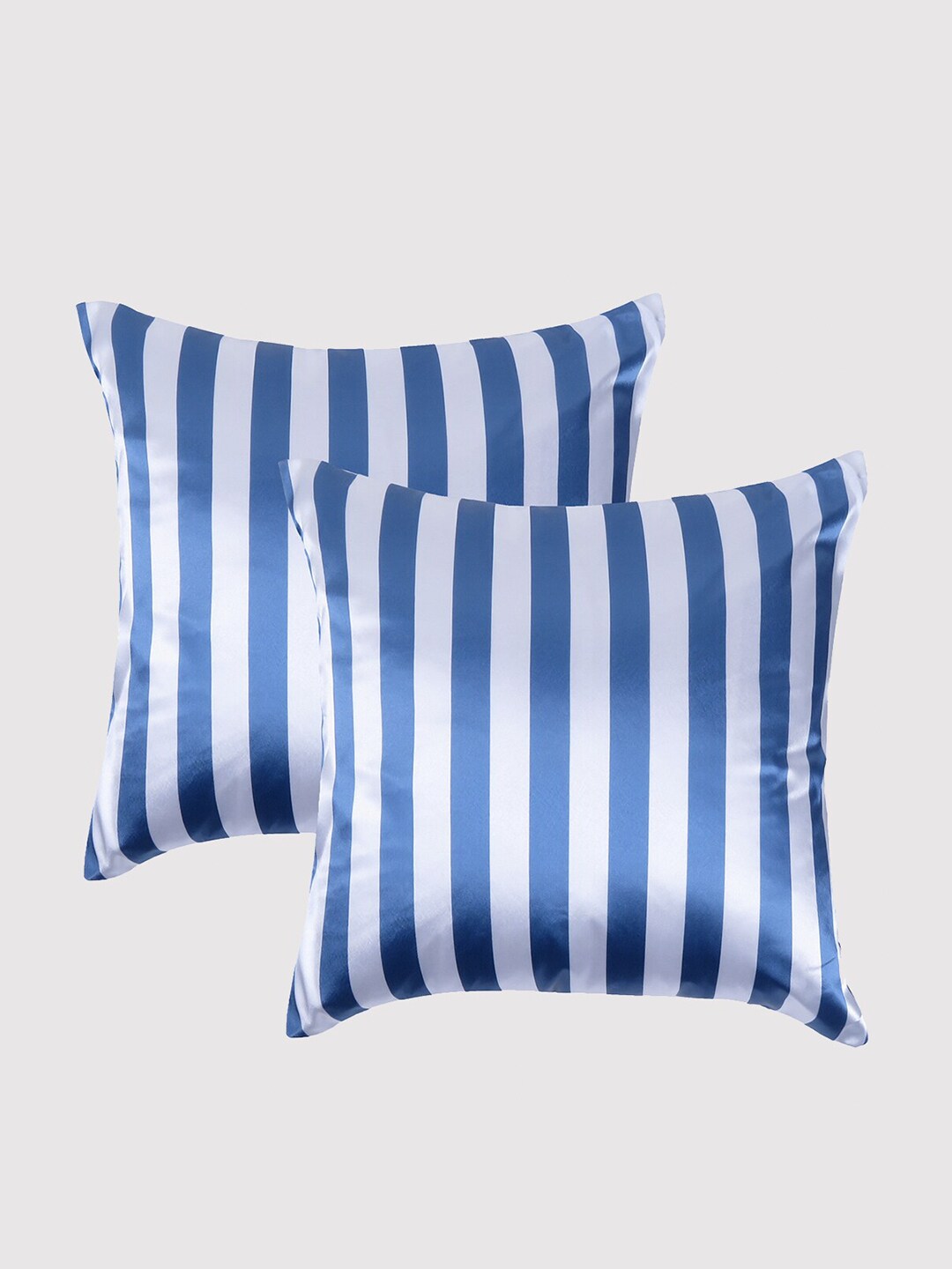 OUSSUM Grey & Off White Set of 2 Striped Satin Square Cushion Covers Price in India