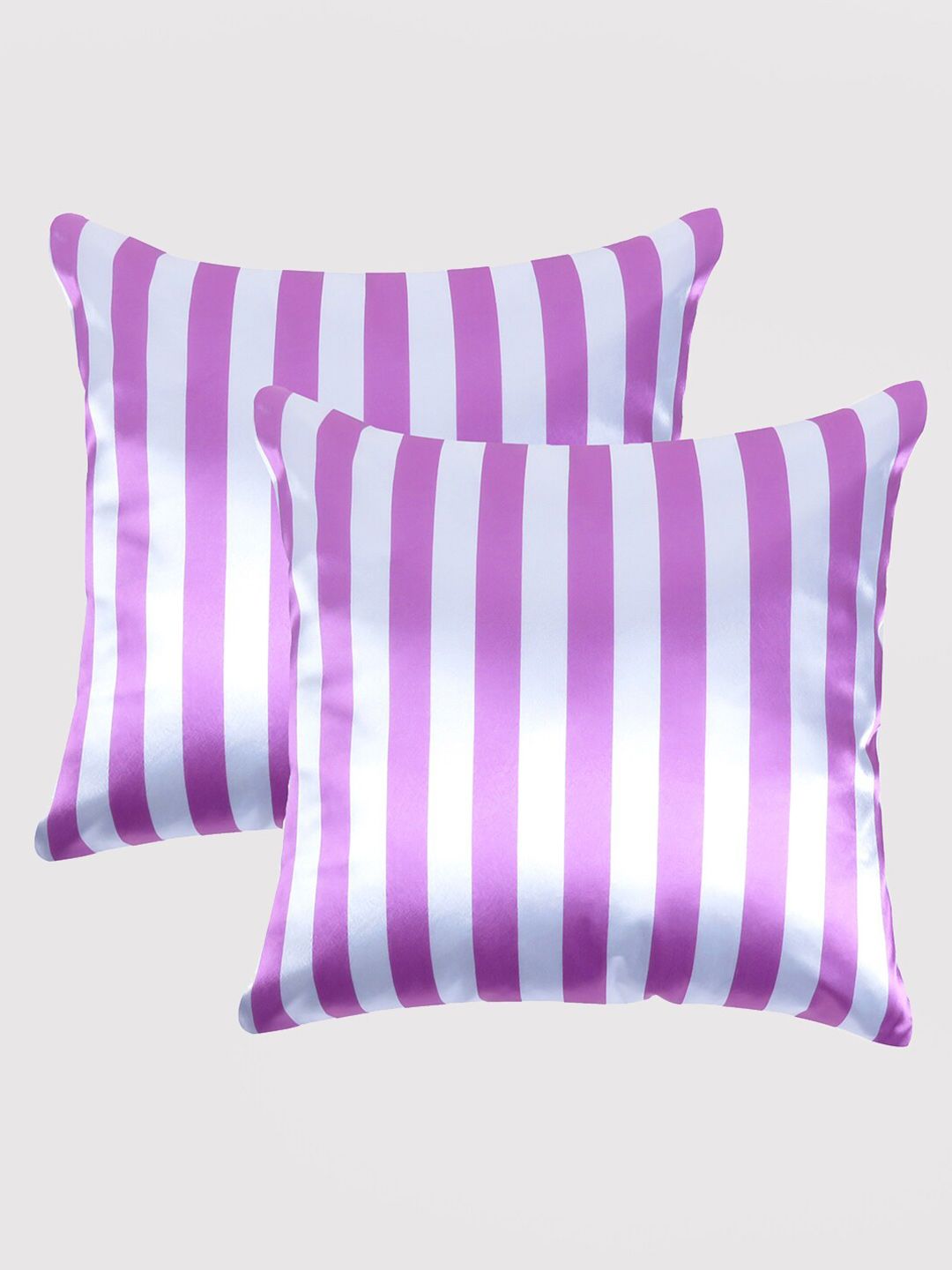 OUSSUM Pink & Off White Pack of 2 Striped Satin Square Cushion Covers Price in India