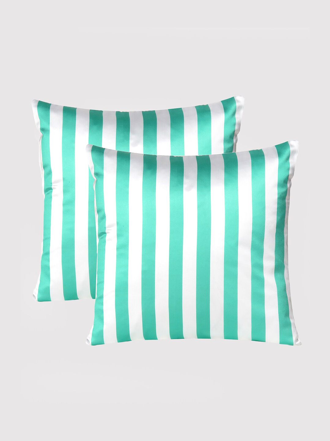 OUSSUM Green & Off White Set of 2 Striped Satin Square Cushion Covers Price in India