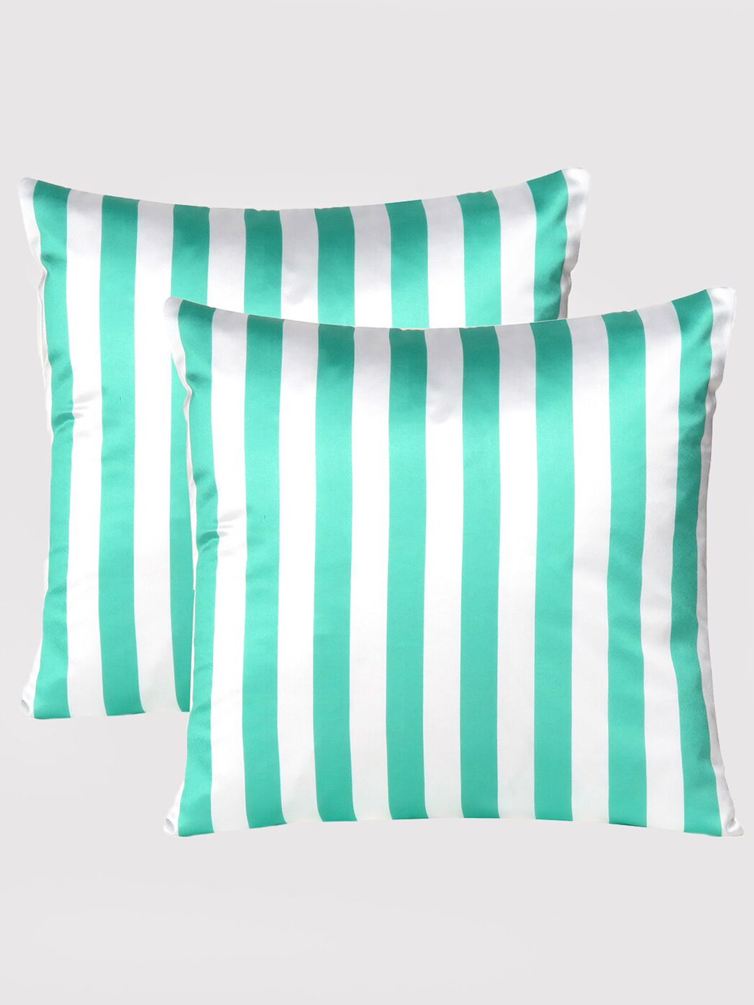 OUSSUM Green & Off White Set of 2 Striped Satin Square Cushion Covers Price in India