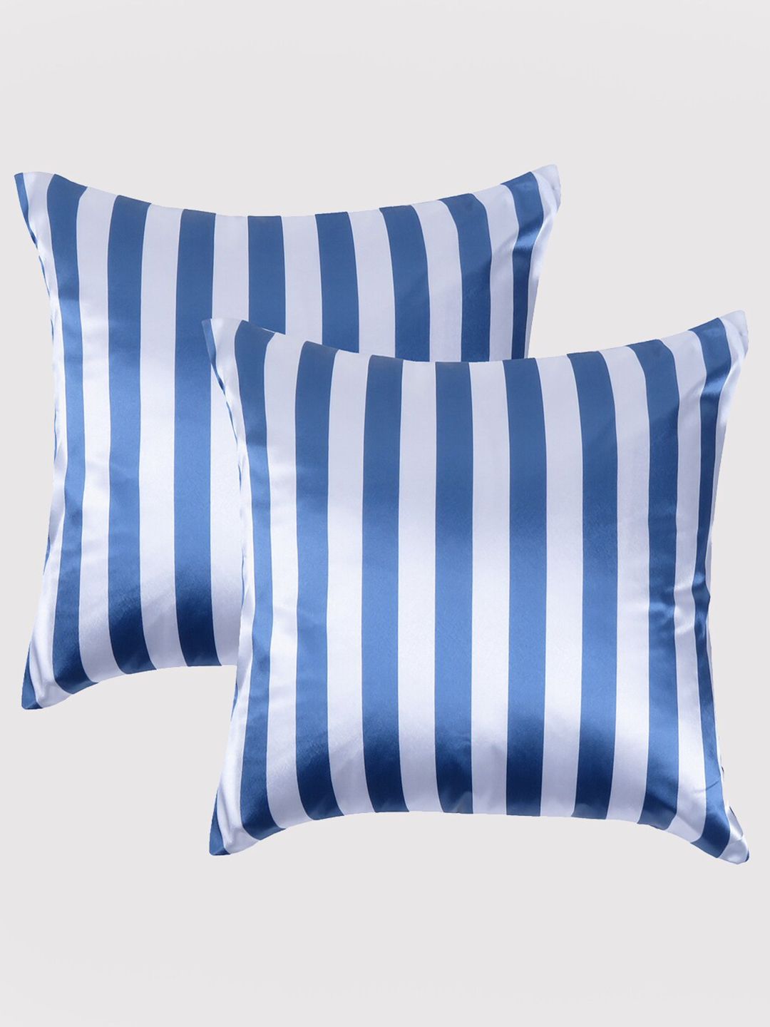 OUSSUM Grey & White Set of 2 Striped Satin Square Cushion Covers Price in India