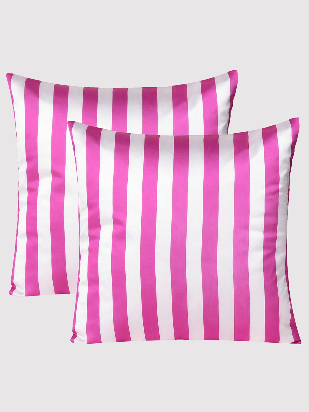 OUSSUM Set of 2 Pink & Off White Striped Satin Square Cushion Covers Price in India