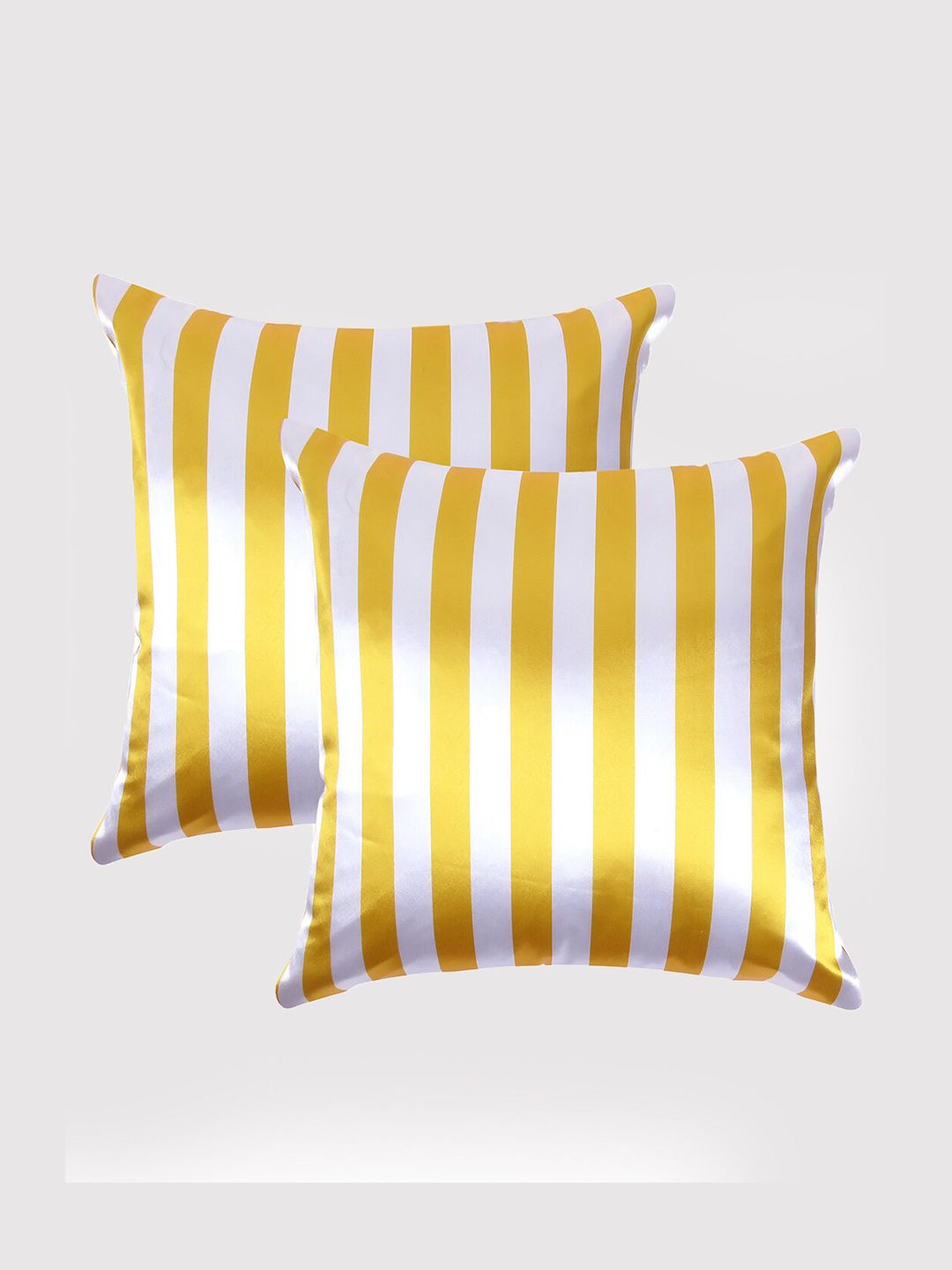 OUSSUM Yellow & White Set of 2 Striped Satin Square Cushion Covers Price in India