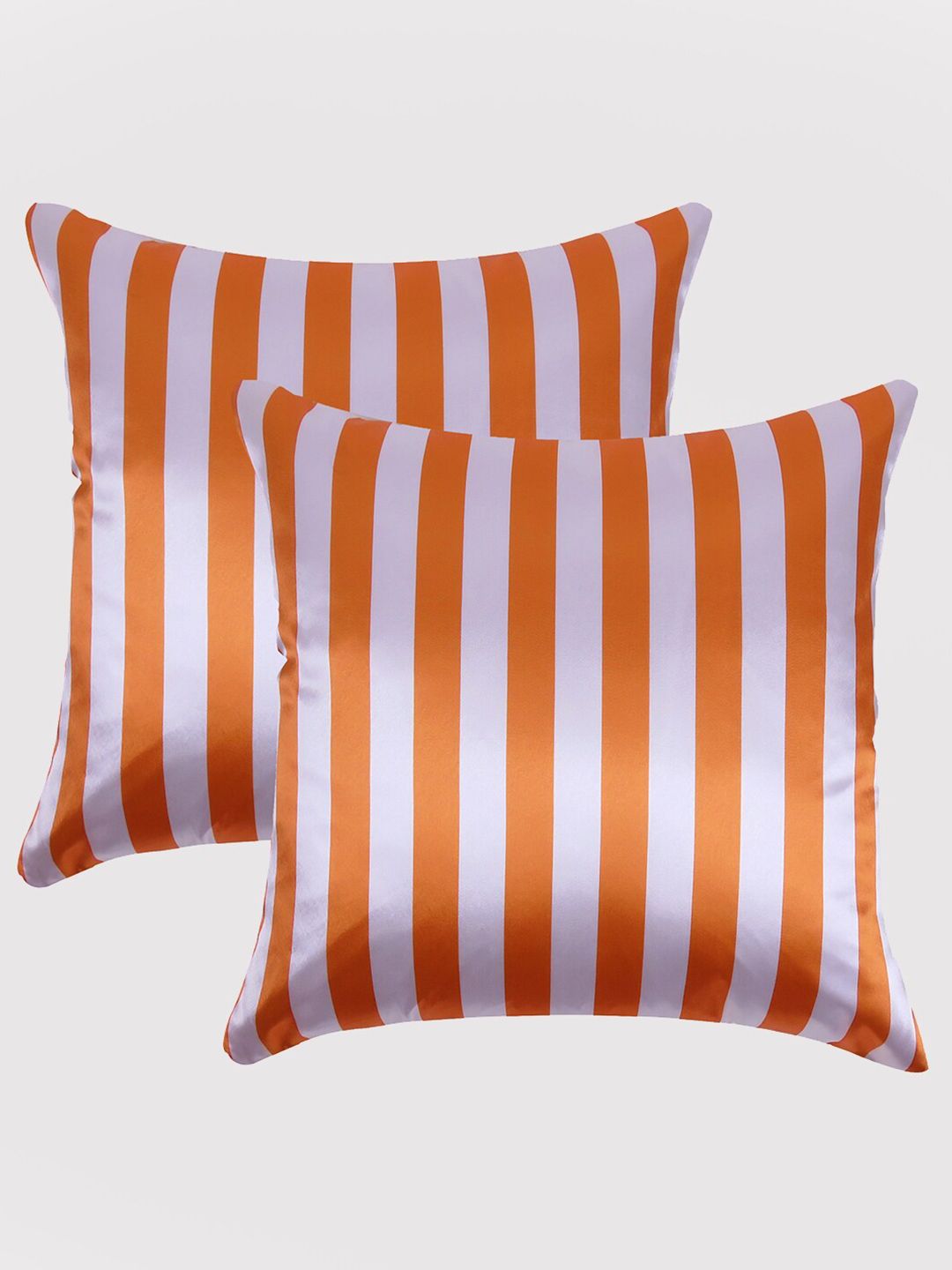 OUSSUM Orange & Off White Set of 2 Striped Satin Square Cushion Covers Price in India