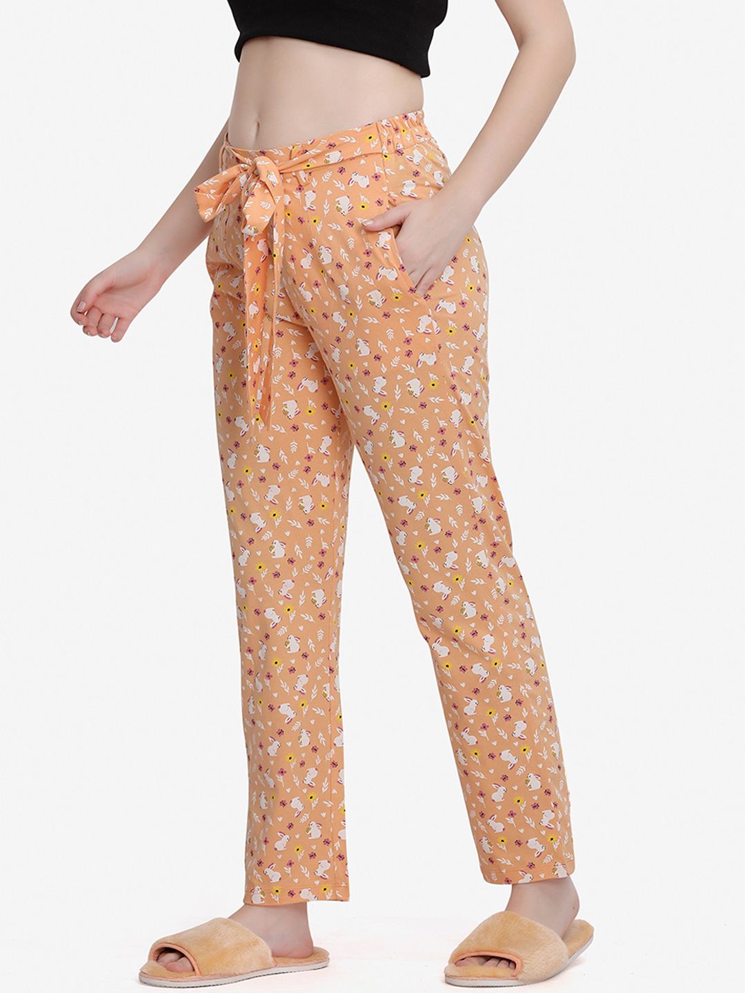 MAYSIXTY Women Peach Colored Printed Cotton Lounge Pants Price in India