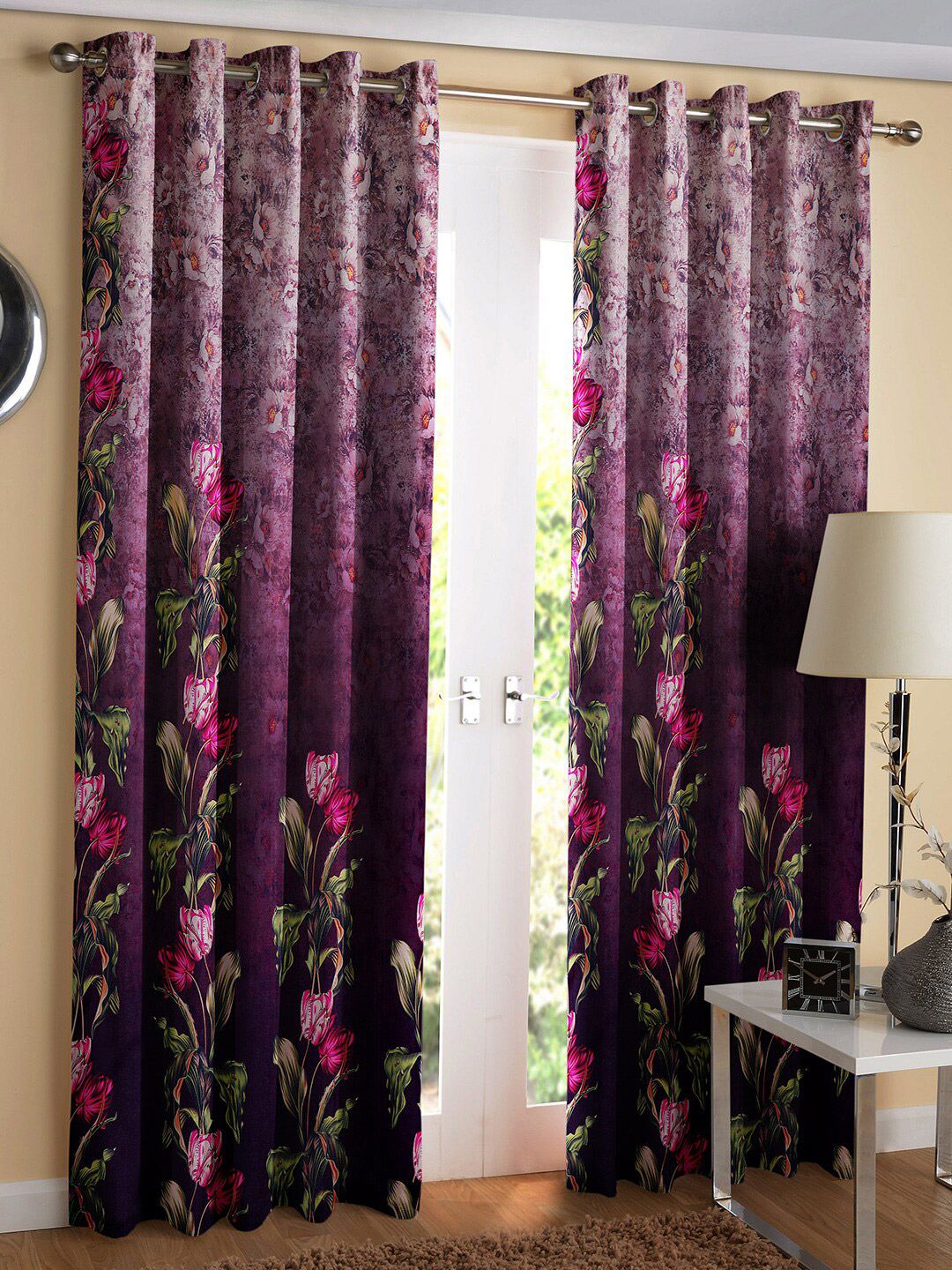 Nendle Pink Set of 2 Floral Room Darkening Long Door Curtain Price in India
