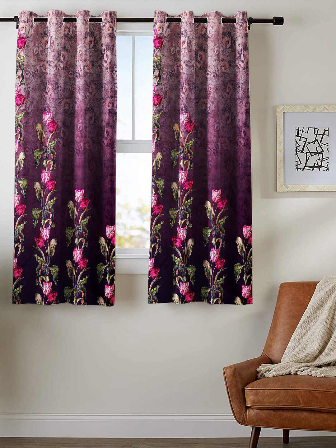 Nendle Pink & Green Pack of 2 Floral Room Darkening Window Curtain Price in India