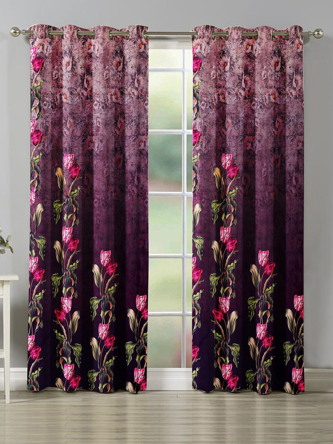 Nendle Pink & Green Set of 2 Floral Room Darkening Door Curtain Price in India