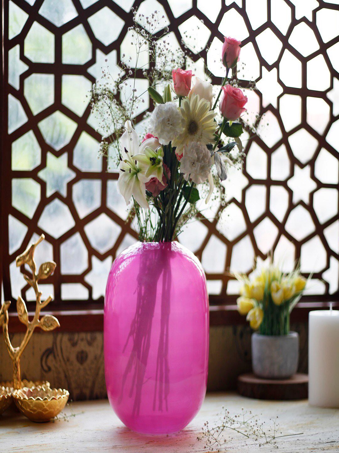 The 7 DeKor Pink Solid Glass Vase Price in India