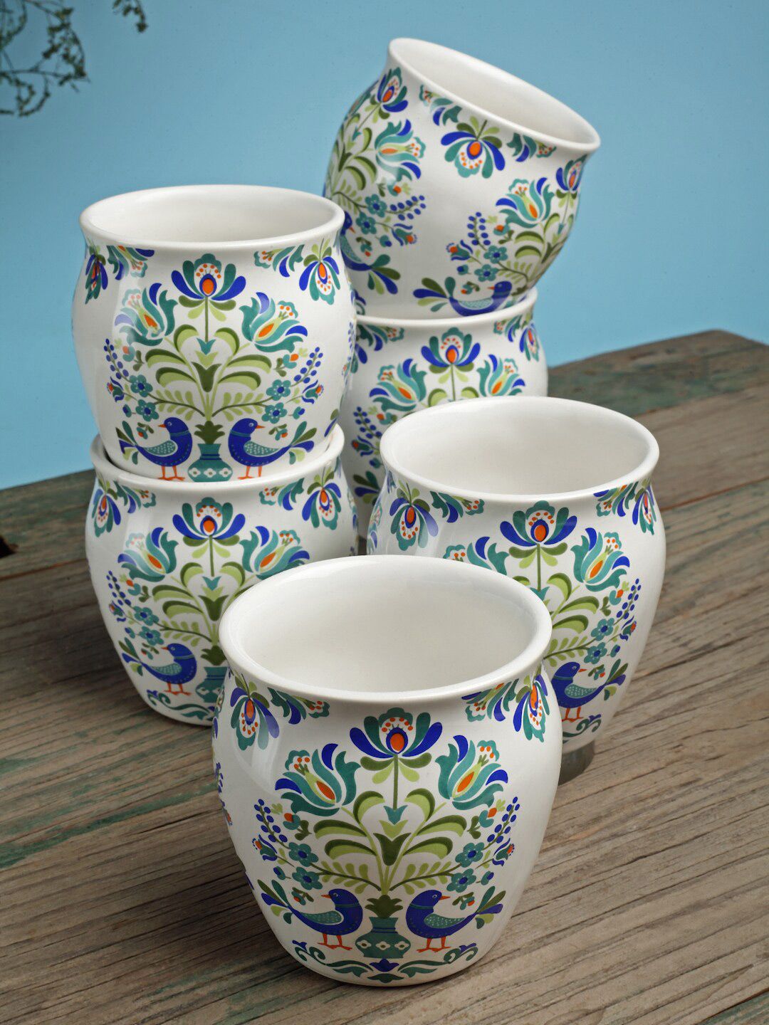 Arrabi Set of 6 White & Blue Floral Printed Ceramic Glossy Kulladhs Set Price in India