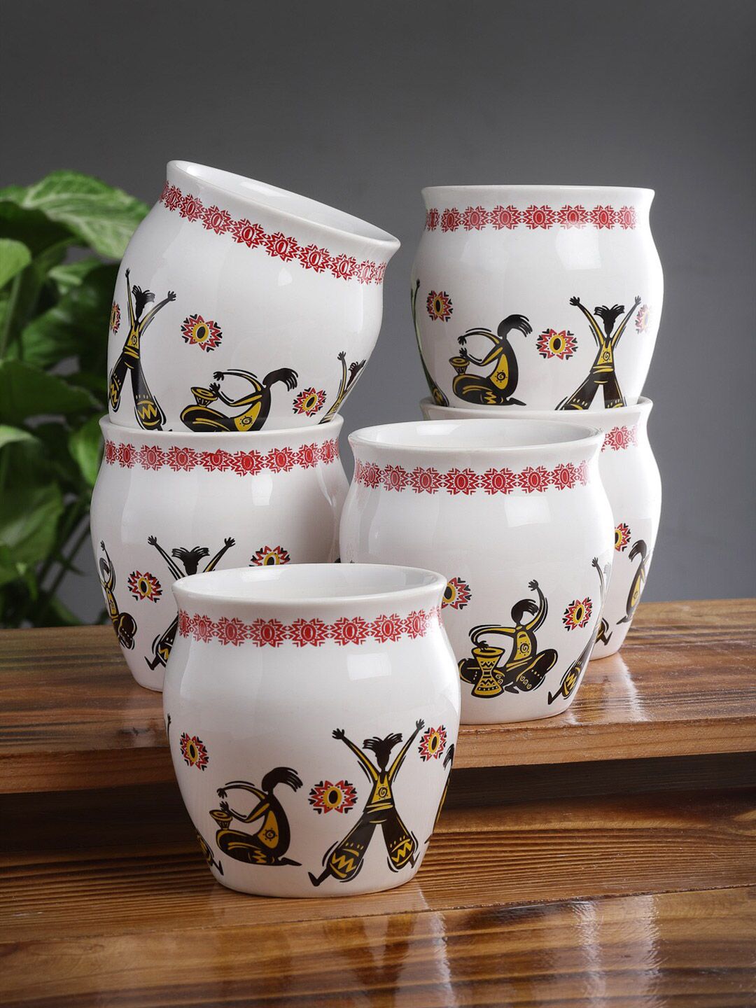 Arrabi White & Red Handcrafted Printed Ceramic Glossy Kulladhs Set of Cups and Mugs Price in India