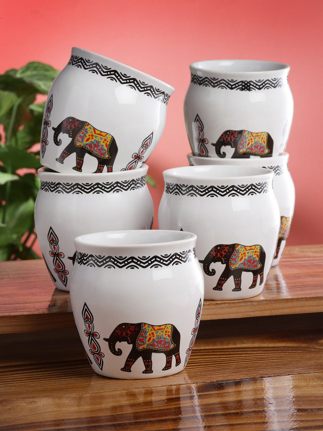 Arrabi White & Red Set of 6 Handcrafted Printed Ceramic Glossy Kulladhs Set of Cups Price in India