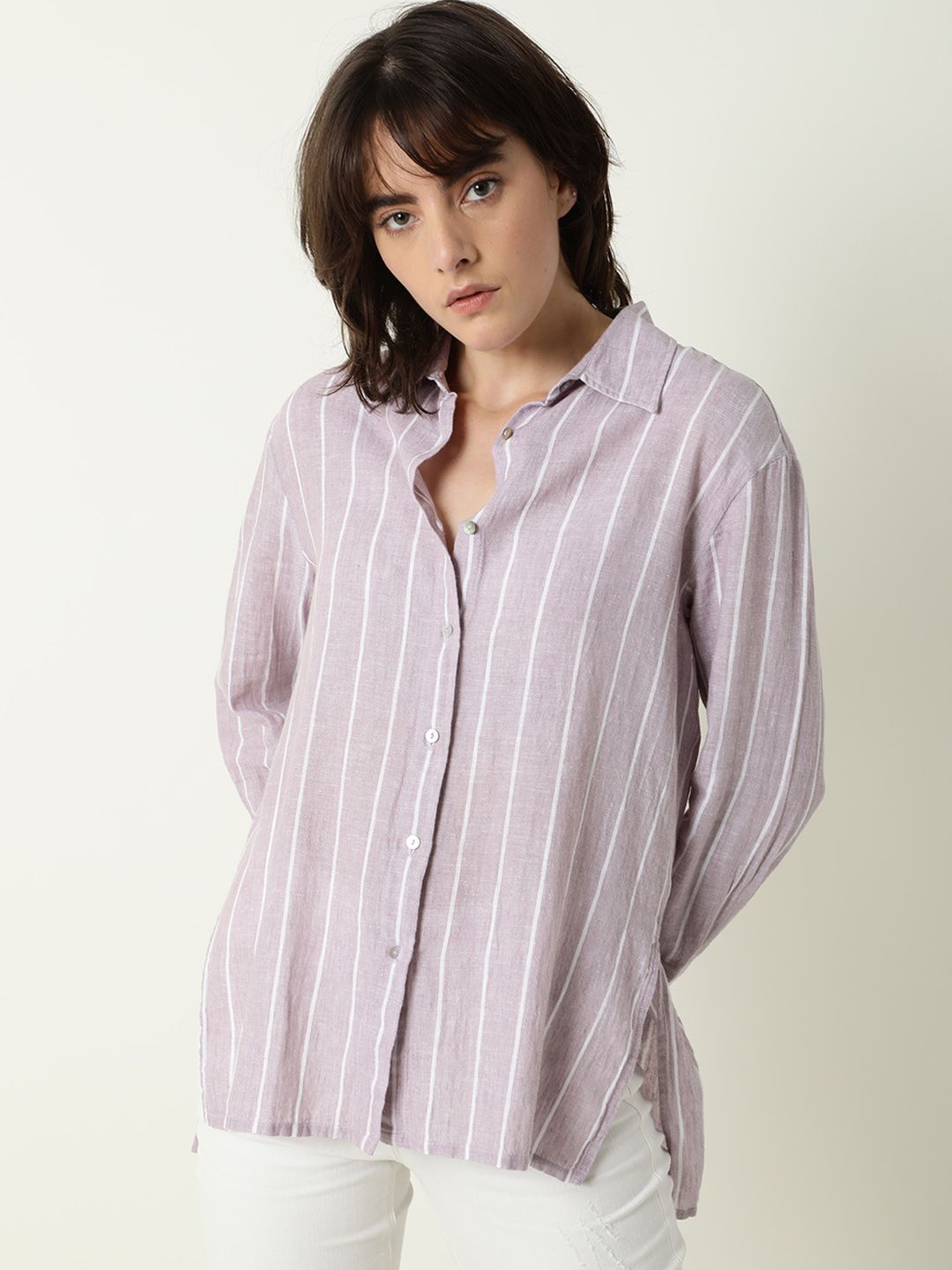 RAREISM Purple Striped Cotton Shirt Style Top Price in India