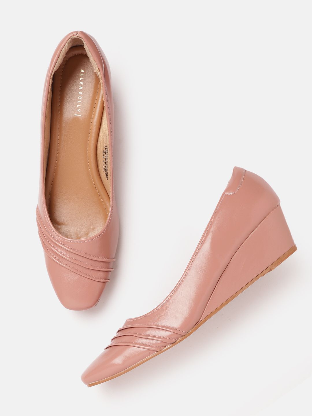 Allen Solly Peach-Coloured Pleated Wedge Pumps with glossy finish