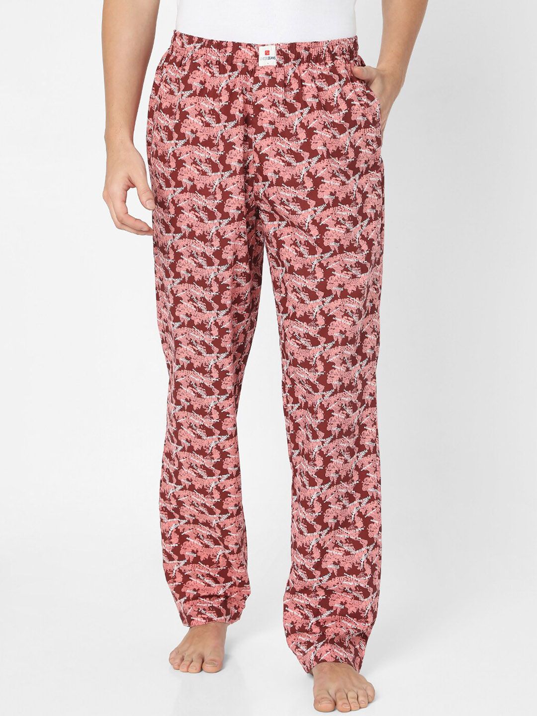 UnderJeans by Spykar Men Red Printed Cotton Lounge Pants