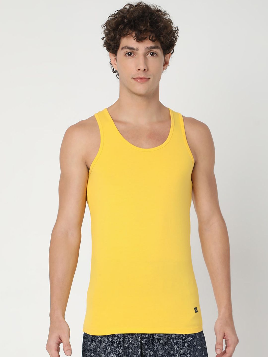 UnderJeans by Spykar Men Yellow Solid Cotton Blend Basic Innerwear Vests